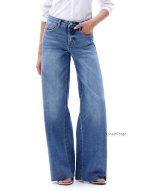 Wide Leg Raw Hem Mid Rise Stretch Denim Jeans